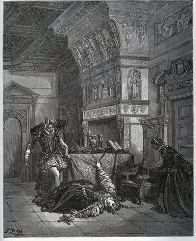 Camille předvedla před Lothairem a Leonellou sebevraždu – z „Don Quijote de la Mancha“ od Miguela Cervantese (1547-1616) (Don Quijote) – dřevořez podle kresby Gustava Dorea od Gustave Dore
