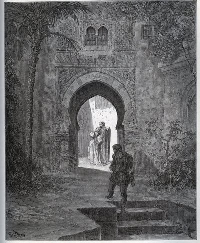 Zajatý příběh. První setkání zajatce se Zoraide v zahradě otce, který ji přivede zpět po své nechutné fintě z „Don Quijote de la Mancha“ od Miguela Cervantese od Gustave Dore