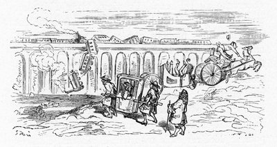Karikatura "moderní" dopravy od Gustava Doreho kolem roku 1850:2 vlaky do sebe narazí a osobní vlak vykolejí a spadne z vrcholu mostu; vůz je rozdělen na 2 části a převrátí se poté, co byl kůň, který ho táhl, sbalen; pouze vozík s od Gustave Dore