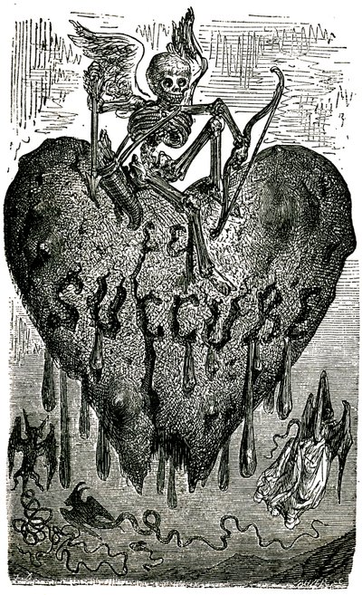 Ilustrace hlavy kapitoly od Gustava Doreho pro Drolatické povídky (1855) od Honore de Balzaca (1799-1850): sukuba (upír) - kostra, smrt, srdce, krev... od Gustave Dore