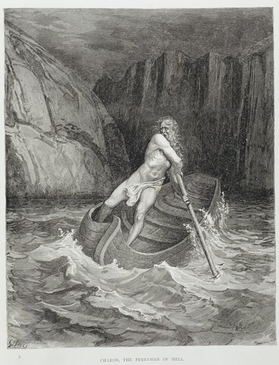 Charon, převozník z pekla, z Božské komedie (Inferno) od Dante Alighieriho (1265-1321) vyrytý Stephanem Pannemakerem (1847-1930) kolem roku 1868 od Gustave Dore