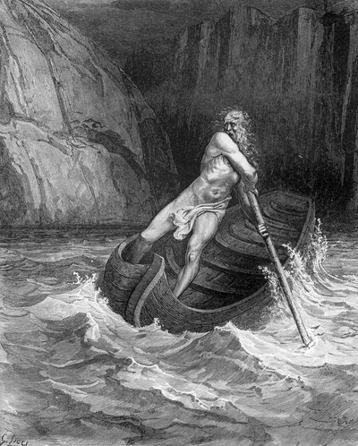 Charon, převozník z pekla, z Božské komedie (Inferno) od Dante Alighieriho (1265-1321) vyrytý Stephanem Pannemakerem (1847-1930) kolem roku 1868 od Gustave Dore