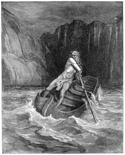 Převozník Charon vesluje, aby shromáždil Danteho a Virgila, aby je přenesl přes Styx, 1861 od Gustave Dore