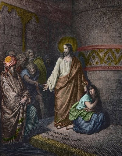 “” Kristus a cizoložná žena”” Ilustrace Gustave Dore (1832-1883) - Ježíš a žena zajatá cizoložstvím - rytina Gustave Dore - pozdější kolorování od Gustave Dore