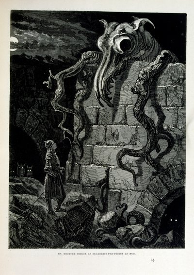 Croque-Mitaine; 1863 ilustrace, Gustave Dore (1832 – 1883); Francouzský výtvarník, grafik, ilustrátor. Croque-Mitaine (Bogeyman) zlomyslná postava představená dětem, aby je vyděsila, a tak je učinila moudřejšími. od Gustave Dore