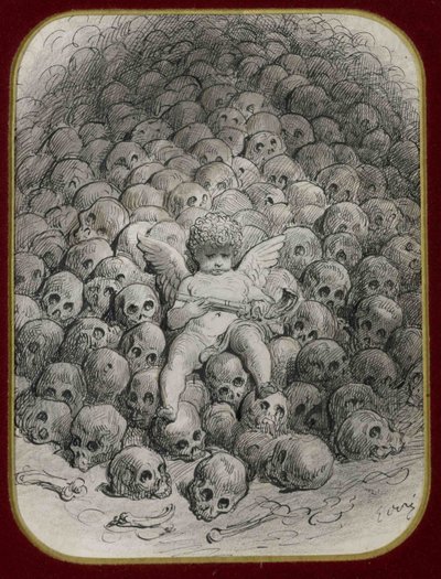 ""Amor ozbrojený pistolí sedící na hoře lebek" (Amor s pistolí na vrcholu hory lebek) Tuš a kresba Gustava Dore (1832-1883) Soukromá sbírka od Gustave Dore