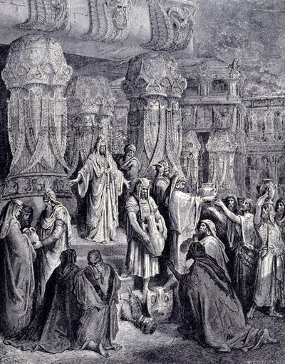 Kýros II. Veliký (580 př. n. l. - 530 př. n. l.) po svém příjezdu do Babylonu v roce 539 př. n. l. osvobodil zajaté národy a vrátil židovskému lidu posvátné nádoby, které byly odvezeny jako kořist v jeruzalémském chrámu. Rytina Gustava Doré. od Gustave Dore