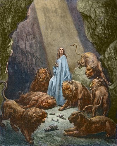 Daniel je uvržen do Doupěte lvů - Daniel v Doupěti lvů - rytina Gustava Dore - pozdější kolorování od Gustave Dore