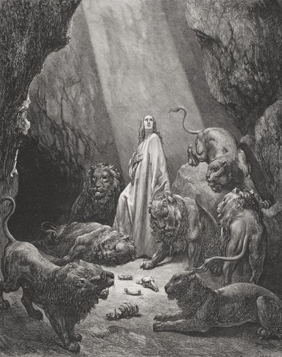 Daniel v doupěti lvů, Daniel 6:16-17, ilustrace z Doreovy „Svaté bible“, vyryl Piaud, 1866 od Gustave Dore