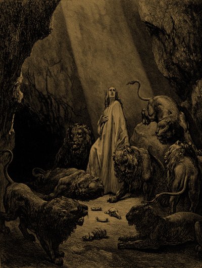 Daniel v jámě lvové, od Doré. - Bible od Gustave Dore
