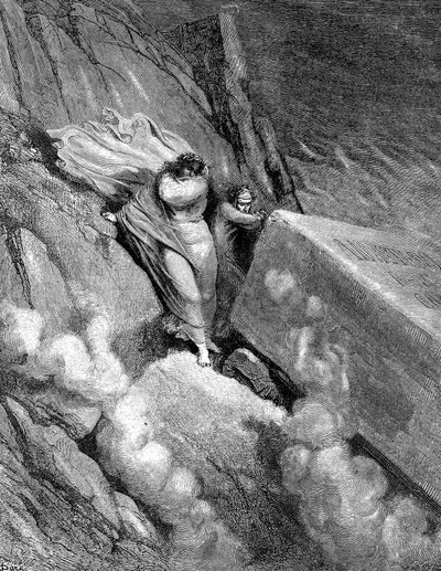 Dante a Virgil na okraji propasti, ze které se kouřil páchnoucí pách, 1863 od Gustave Dore