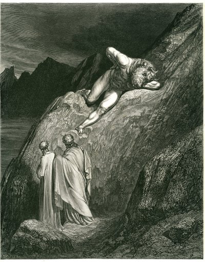 Dante a Vergilius se setkávají s Minotaurem. Rytina z Pekla Danta Alighieriho (Božská komedie) ilustrovaná Gustavem Dorem. Francouzské vydání z roku 1861. "E in su la punta della rotta lacca/L