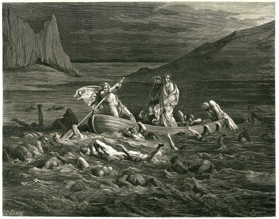Dante a Vergilius plují v čele s Nocherem Phlegyasem po řece Styx, v níž se brodí přehrady, které se snaží vlézt do člunu. Rytina z Pekla Danta Alighieriho (Božská komedie) ilustrovaná Gustavem Dorem. Francouzské vydání z roku 1861. "Segando se ne od Gustave Dore