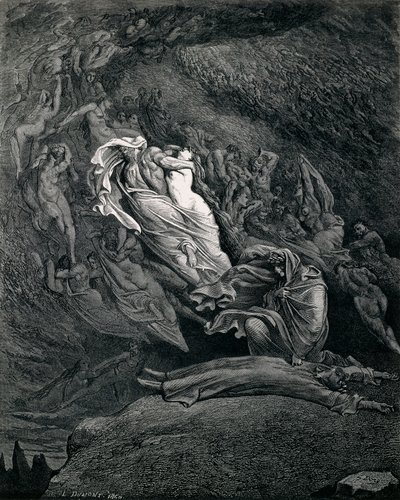 Dante a Virgil s Paolem a Francescou, Ilustrace k Infernu, V. zpěv Božské komedie, Dante Alighieri (1265-1321), Gustave Dore (1832-1883) od Gustave Dore