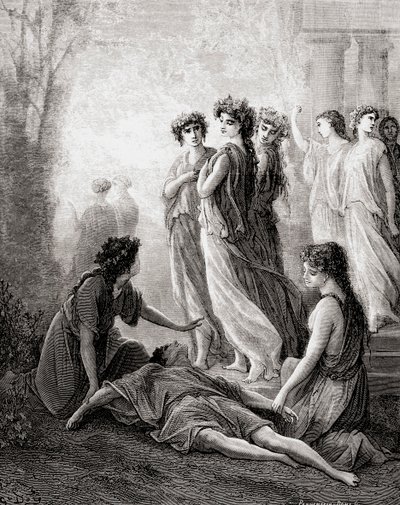 Daphnis et Alcimadure, z konce 19. století vydání Fables de La Fontaine (dřevoryt) od Gustave Dore