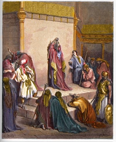 David, král Spojeného království Izraele truchlí nad smrtí Absolona. Král David bez útěchy ze smrti Absalona (Avshalom) - rytina do „“The Bible illustree““ od Gustava Dore (1832-1883) – rytina z „“The Dore Bible““ od Gustave Dore