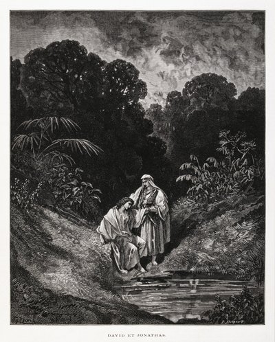 David a Jonatán, hrdinové izraelského království, kteří uzavřeli smlouvu o přátelství zaznamenanou v knihách Samuelových, Ilustrace z Doreovy Bible. od Gustave Dore