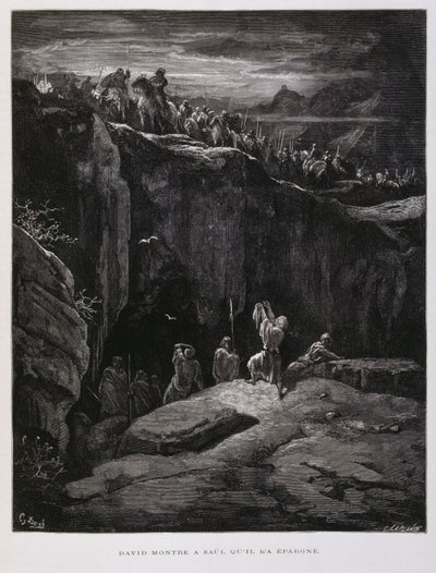 David nabízí svůj meč na znamení věrnosti Saulovi, králi Izraele, Ilustrace z Doreovy bible. od Gustave Dore