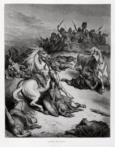 Smrt izraelského krále Saula, ilustrace z Doreho bible od Gustave Dore