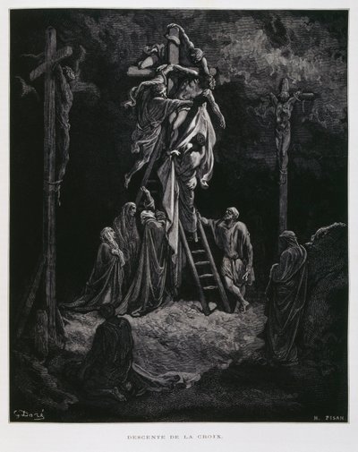 Sestoupení z kříže, sesazení Krista, Ilustrace z Doreho bible od Gustave Dore