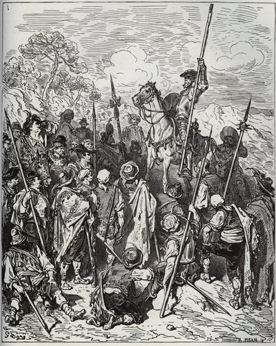 Don Quijote a Sancho s eskadrou hýřících vesničanů - z „Don Quijote de la Mancha““ od Miguela Cervantese (1547-1616) (Don Quijote) - Dřevoryt podle kresby Gustava Dore od Gustave Dore