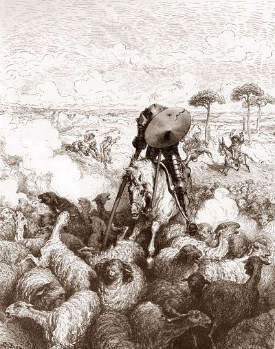 Don Quijot útočí na stádo ovcí Rytina od Gustava Dore (1832-1883) pro „The Ingenieux Hidalgo Don Quijote de la Mancha (Quixotte - Quijote)“ od Miguela de Cervantese (1547-1616) 1863 Soukromá sbírka od Gustave Dore