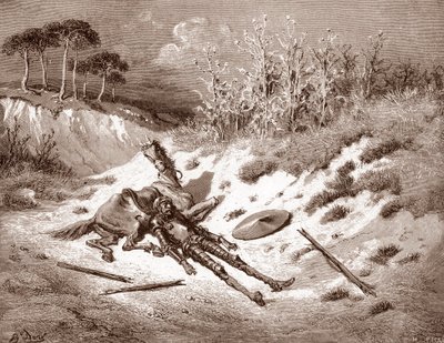 Don Quijote Po bití zavolá Quijote svou ideální dámu Dulcinea del Toboso Rytina Gustava Dore (1832-1883) pro „Ingenieux Hidalgo Don Quijote de la Mancha (Quixotte - Quijote)“ od Miguela od Cervantese (1547-1631) 18 Soukromá sbírka od Gustave Dore