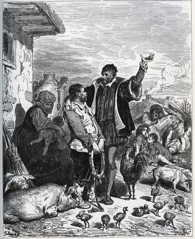 Don Quijote přemlouvá svého souseda Sancha Panzu, aby se stal jeho pomocníkem – z „Don Quijote de la Mancha““ od Miguela Cervantese od Gustave Dore