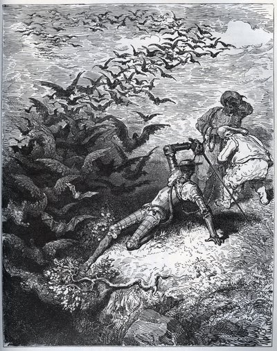 Don Quijote a la cave de Montesinos – Z Montesinosovy jeskyně vylétne nekonečné množství vran a havranů a srazí Dona Quijota k zemi (II, 22) – z „“ Don Quijote de la Mancha““ od Miguela Cervantese (1547- 1616) (Don Quijote) - Dřevoryt po kresbě od Gustave Dore