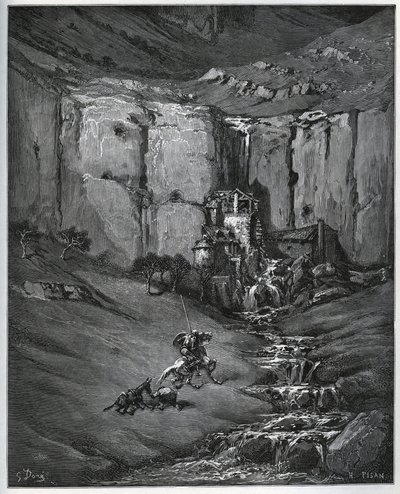 Don Quijote a Sancho Panza objeví, co způsobilo jejich obavy, vodopád a mlýn a faulon - z „Don Quijote de la Mancha“ od Miguela Cervantese (1547-1616) (Don Quijote) - Dřevoryt podle kresby Gustava Dore od Gustave Dore