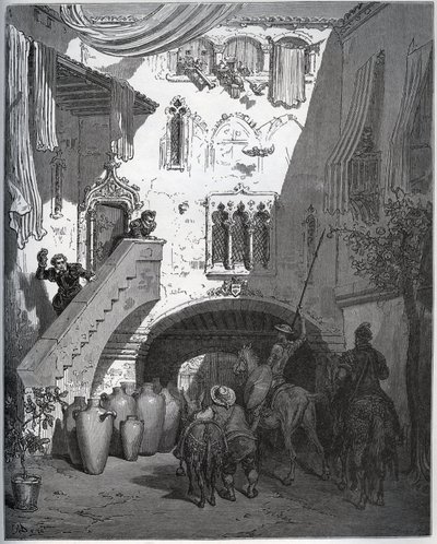 Don Quijote a Sancho Panza, které pozval Don Diego de Miranda domů, jsou vítáni džentlmenovou manželkou a synem - z „Don Quijote de la Mancha“ od Miguela Cervantese (1547-1616) (Don Quijote) - Dřevoryt podle kresby Gustava Dore od Gustave Dore