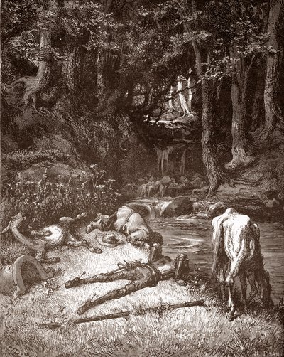 Don Quijote a Sancho Panza je osvěžují u potoka Rytina Gustava Dore (1832-1883) pro „L