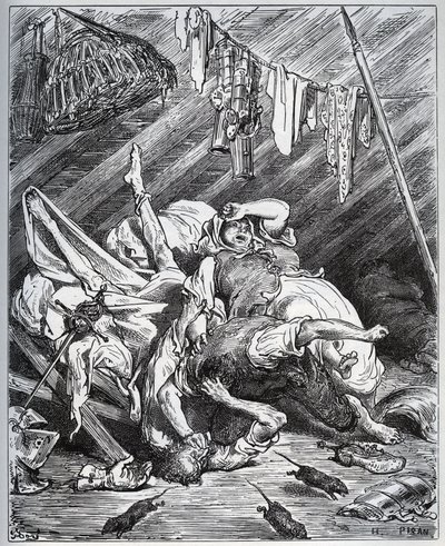 Don Quijote a výrobce mezků bojující za Maritornese, hospodyni, kterou Don Quijote bere za svou Dulcinee - z „Don Quijote de la Mancha“ od Miguela Cervantese (1547-1616) (Don Quijote) - Dřevoryt podle kresby Gustava Dore od Gustave Dore