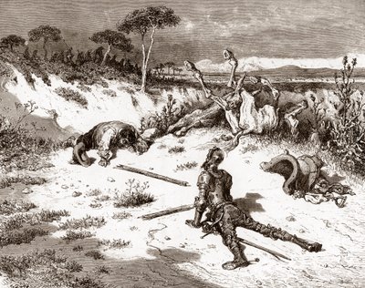 Don Quijote a Sancho Panza po rvačce se strážemi a zločinci Rytina Gustava Dore (1832-1883) pro „L