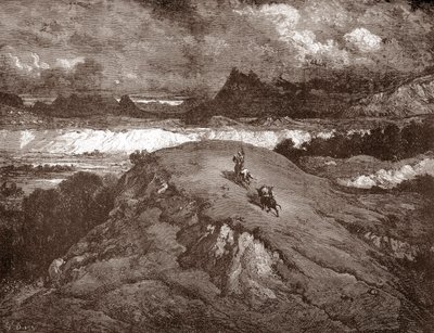 Don Quijote a Sancho Panza se blíží k sierra Morena Rytina Gustava Dore (1832-1883) pro „L