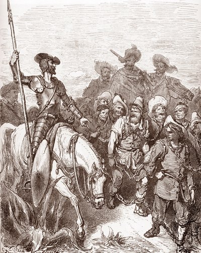 Don Quijote a Sancho Panza vyslýchají zločince, kteří jsou vedeni na galeje Rytina Gustava Dore (1832-1883) pro „L