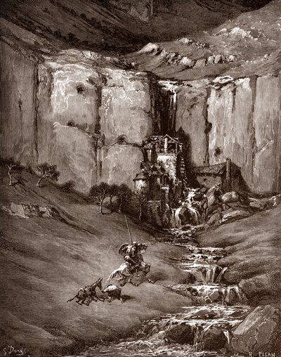 Don Quixote a Sancho Panza vidí vodopád a hlučné hovely (Don Quixote a Sancho Panza vidět vodopád a hlučné hovels) Gravírování Gustave Dore (1832-1883) pro „The Ingenieux Hidalgo Don quixote de la Mancha (Quixotte - quijote)“ Miguel de Cerva od Gustave Dore