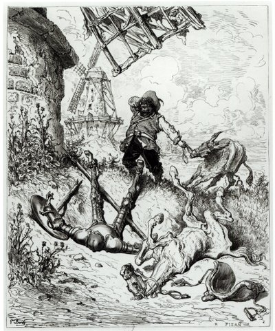 Don Quijote a větrné mlýny, z „Don Quijote de la Mancha“ od Miguela Cervantese (1547-1616), vyrytý Heliodorem Josephem Pisanem (1822-90) od Gustave Dore