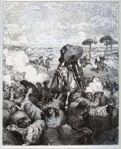 Don Quijote útočí na stádo ovcí v domnění, že má co do činění s armádou Alibanfarona z Taprobany – z „Don Quijote de la Mancha“ od Miguela Cervantese (1547-1616) (Don Quijote) – dřevořez podle kresby Gustava Dorea od Gustave Dore