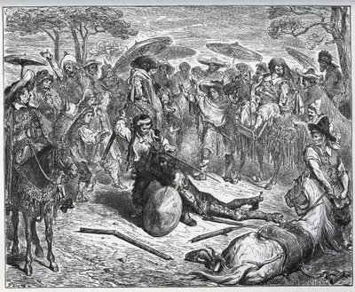 Don Quijote zbit uprostřed skupiny obchodníků – Výrobce mul okusil hru – z „Don Quijote de la Mancha““ od Miguela Cervantese od Gustave Dore