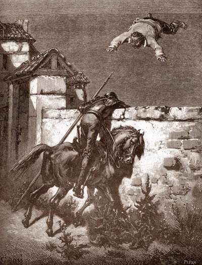 Don Quijote nedokáže zastavit vystřelovače Sancha Panca, který ho přinutí skákat na přikrývku (Don Quijoteovy protesty neovlivní házející) Rytina Gustava Dore (1832-1883) pro „L