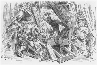 Don Quijote bojující s loutkami, ilustrace z „Don Quijote de la Mancha“ od Miguela Cervantese (1547-1616) vyrytý Heliodorem Josephem Pisanem (1822-90) od Gustave Dore
