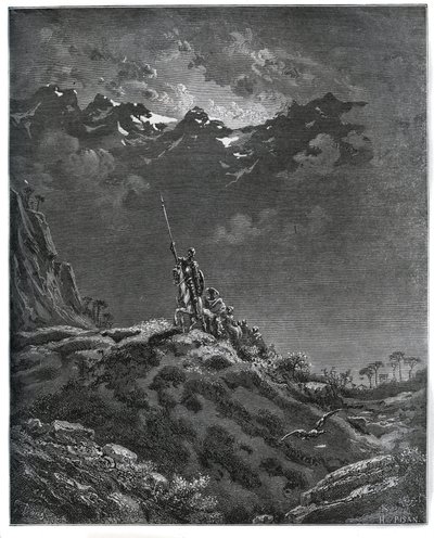 Don Quijote jde na misi pro Dorothee, doprovázen Sancho Panzou, holičem, Dorothee, léčitelem a Cardeniem - z „Don Quijote de la Mancha“ od Miguela Cervantese (1547-1616) (Don Quijote) - Dřevoryt podle kresby Gustava Dore od Gustave Dore