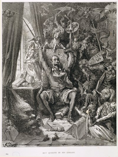 Don Quijote ve své knihovně, vyrytý Heliodorem Josephem Pisanem (1822-90) kolem roku 1868 od Gustave Dore