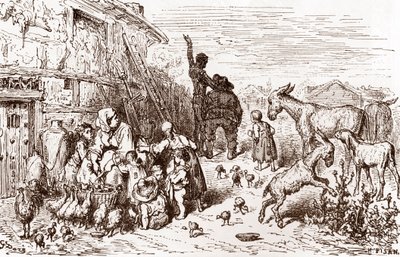 Don Quijote přesvědčí svého souseda Sancho Panzu, aby se stal jeho panošem Rytina Gustava Dore (1832-1883) pro „L