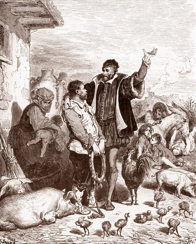 Don Quijote přesvědčí svého souseda Sancha Panzu, aby se stal jeho panošem tím, že mu slíbí, že ho učiní guvernérem nějakého dobytého ostrova. Miguel de Ce od Gustave Dore