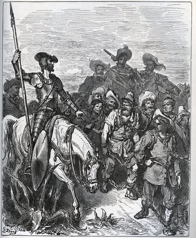 Don Quijote zpochybňuje síly ohledně důvodů jejich přesvědčení - z „Don Quijote de la Mancha“ od Miguela Cervantese (1547-1616) (Don Quijote) - Dřevoryt podle kresby Gustava Dore od Gustave Dore