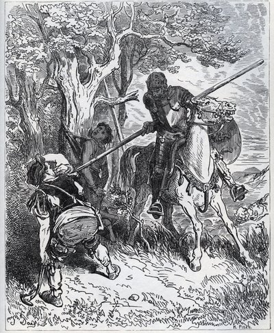 Don Quijote se postaví na stranu mladého komorníka – „U slunce, které nás obklopuje, nevím, kdo mi brání, abych prošel svou čepelí tělem“ – z „“ Don Quijote de la Mancha““ od Miguela Cervantese (1547- 1616) (Don Quijote) - Dřevoryt podle kresby Gusta od Gustave Dore
