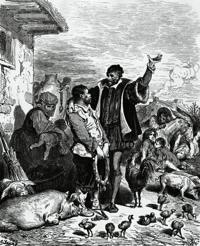 Don Quijote vzal Sancha Panzu ze svého domova a prohlásil ho za guvernéra, ilustrace Gustava Dore