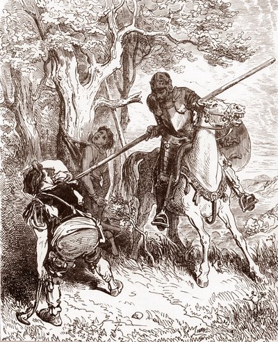 Don Quijote ohrožuje rolníka, který přepravoval pastýře Rytina Gustava Dore (1832-1883) pro „L